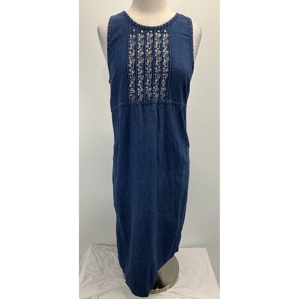 Vtg Erika & Co Denim Jumper Midi Dress Women's S Blue Floral Embroidered Cottage - Picture 1 of 6